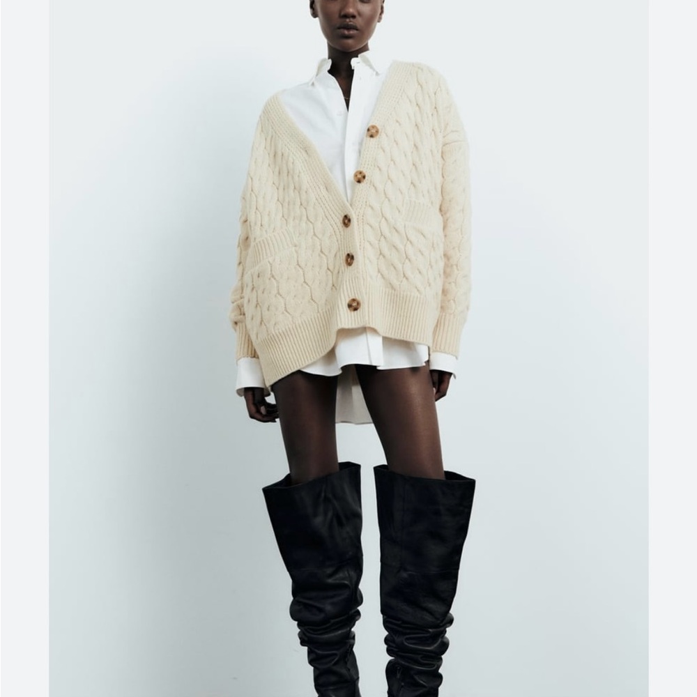 Zara Wool Blend Cable Knit Oversized Cardigan NWT Ecru Sold Out